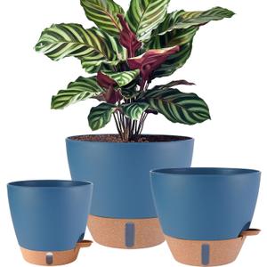 12/10/8 inch Plant Pots, Large Plastic Self-Watering Planters with Drainage Holes, Deep Reservoir, Water Level Indicator, Modern Decorative Flower Pots for Indoor/Outdoor Plants (Navy Blue, 12/10/8)
