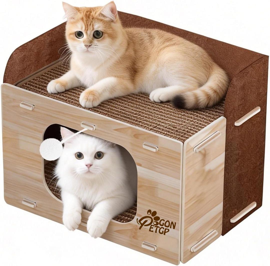 Cat Houses for Indoor Cats, Two-Story Cat Bed Cube for Multiple Small Kittens, Removable Felt Cat Cave Hideaway Condo with Fluffy Ball, Scratch Pad (Medium)