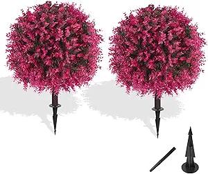 Grooy Artificial Topiary Tree with Pink Eucalyptus, Set of 2 Artificial Shrub Bushes with Ground Spike, Fake Evergreen Tree for Porch, Artificial Plants for Outdoor Planters Indoor UV Resist