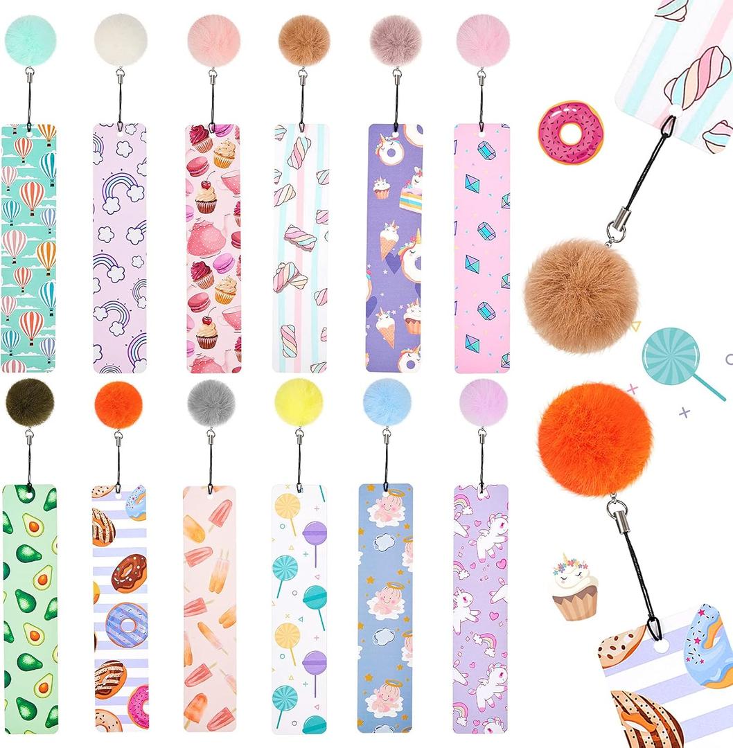 Outus 12 Pack Cute Bookmarks for Kids Girly Book Marks with Rulers Fluffy Pendant Page Markers Reading Accessories Gift for Girls Women Students School Supplies Classroom Rewards Bookworm Party Favors