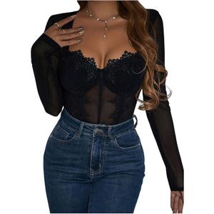 SweatyRocks Women's Sheer Floral Lace Long Sleeve Bodysuit Tops Sweetheart Neck Jumpsuit Black Lace Medium
