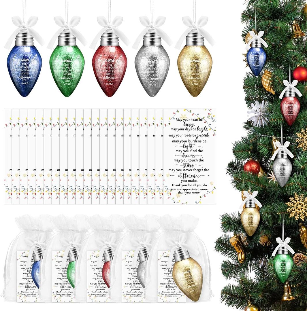 Riceshoot 20 Sets Christmas Appreciation Gifts for Coworker Lightbulb Shaped Ornament Colorful Hanging Plastic Bulbs Ornament with Bow Ribbon Card Organza Bag for Indoor Outdoor Xmas Tree Decoration