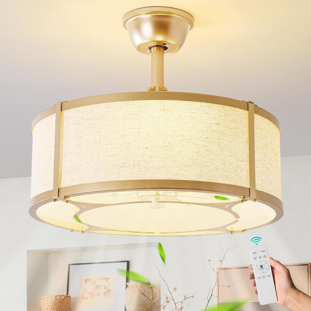 Gold Fandelier Ceiling Fan with Light,20inch Caged Fandelier Ceiling Fans with Lights and Remote Control, Gold Boho Fandelier with 6 Speeds for Bedroom,Nursery,Foyer,Dining Room,Living Room,