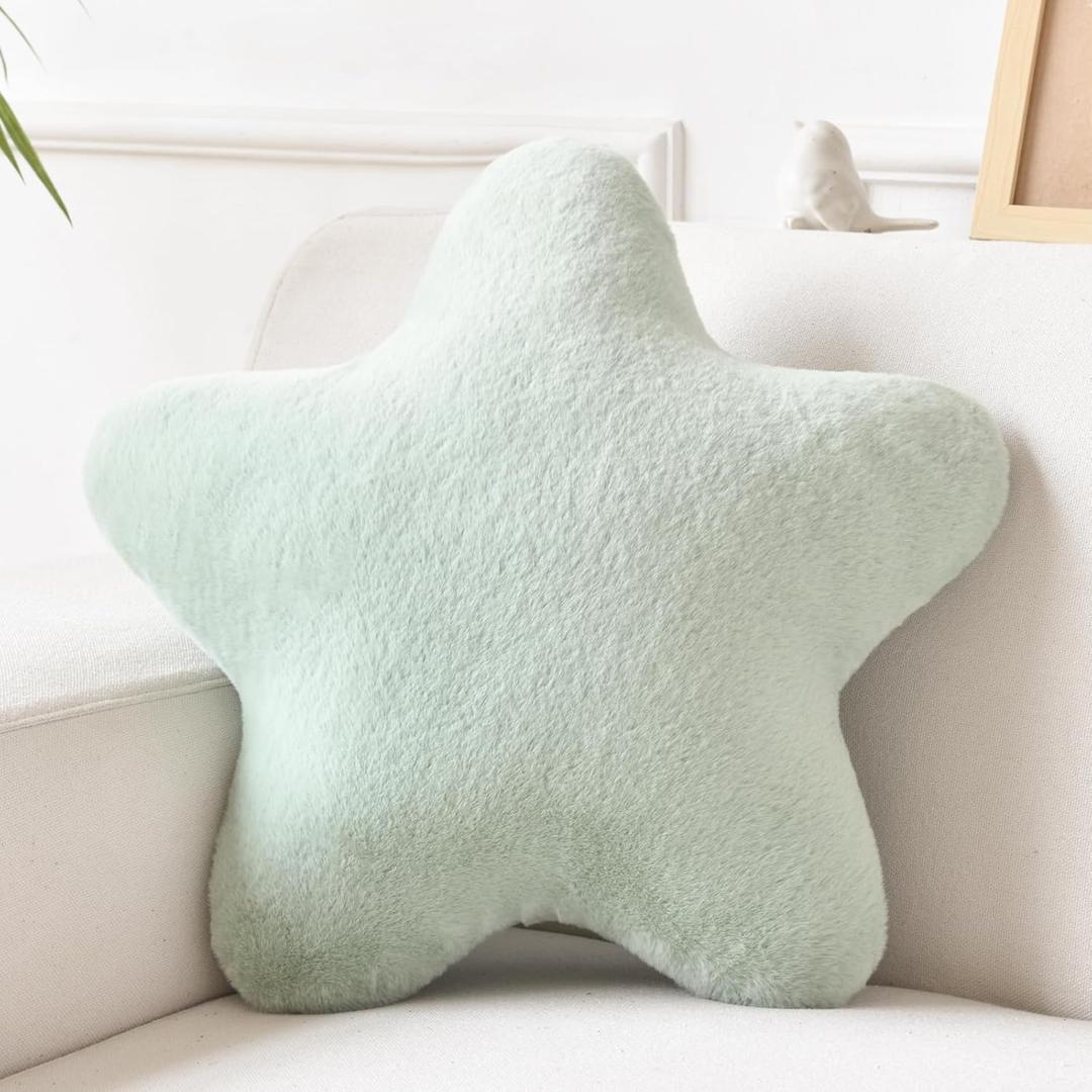 Xiashrk Star Pillow, Decorative Throw Pillows for Bed Couch, 15" Star Shaped Pillow Plush Floor Cushions Room Decor Pillow with Faux Rabbit Fur for Sofa Bedroom Living Room (Sage Green, 19.6" x 19.6")