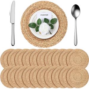FoldTier 20 Pcs Round Placemats Bulk Plate Chargers Set 11.8 Inch Woven Placemat Rustic Braided Straw Rattan Charger Natural Water Hyacinth Place Mat for Wedding Party Table Single Tableware Use