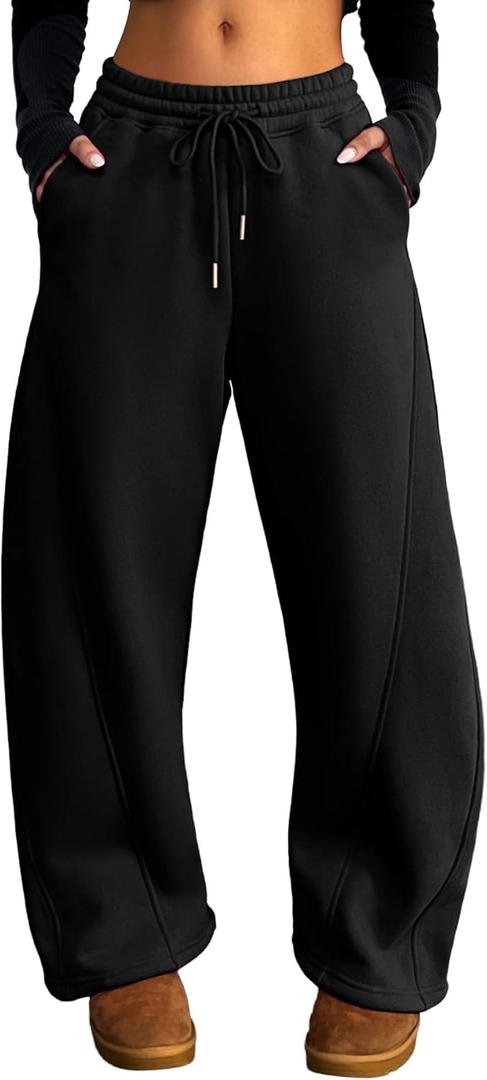 ELLEVEN Women's Fleece-Lined Barrel Leg Sweatpants Pants Casual with Adjustable Ankle Drawstring & Pockets (Medium, Black)