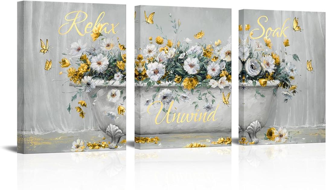 WELMECO Bathroom Decor Wall Art Flower Bathtub Painting Bathroom Signs Relax Soak Unwind Prints Framed 12"x16"x3 Pieces (Yellow)