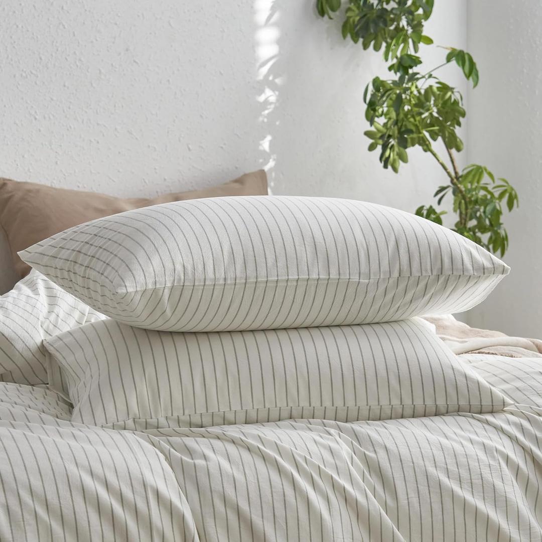 MooMee Bedding Pillowcases Striped Pack of 2 100% Washed Cotton Linen Like Textured Breathable Durable Soft Comfy (White Sage Green Wide Stripes, King)