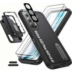 Case is Specially Designed for Galaxy S22 Plus/S22+ 6.6 Inch, Full Body Protection Heavy Duty Shock Absorbing 3 in 1 Silicone Rubber Built-in Stand with 2 Tempered Screen Protectors-Black