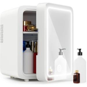 Skincare Fridge - Mini Fridge with Dimmable LED Mirror (4 Liter/6 Can), Cooler and Warmer, for Skincare and Food, Mini Fridge for Bedroom, Office and Car, White