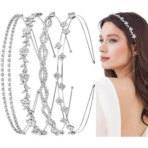 WOVOWOVO 4 Pcs Rhinestone Headbands for Women Silver Bridal Headband Crystal Flower Girl Headpiece Flower Leaf Tiara Crown Head Band Wedding Hair Accessories for Girls
