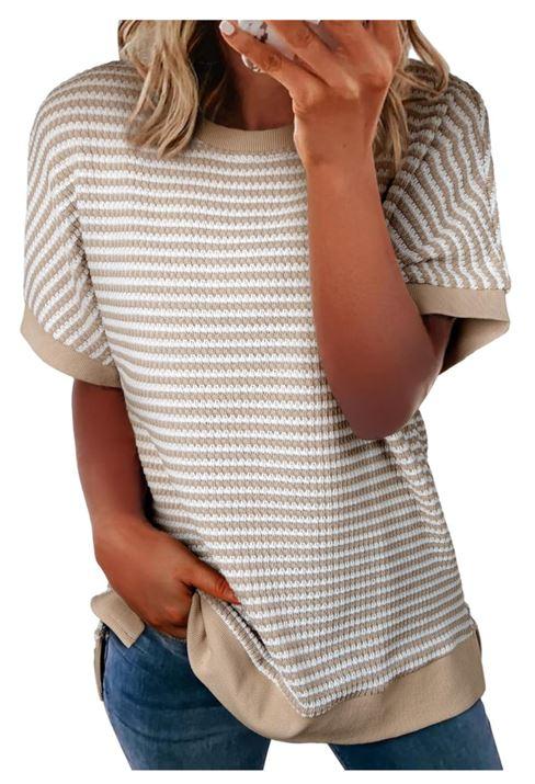 EVALESS Womens Oversized Tshirts Trendy Crewneck Short Sleeve Tops Color Block Striped T Shirts Loose Fit Tee Size M