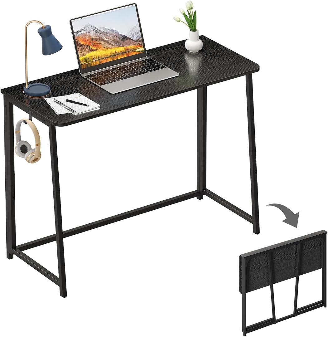 WOHOMO Folding Desk, 39.4" Narrow Writing Foldable Desk, Space-Saving Laptop Table, Easy Assemble Workstation for Home Office, Black, Large Size:39.4 x 15.7