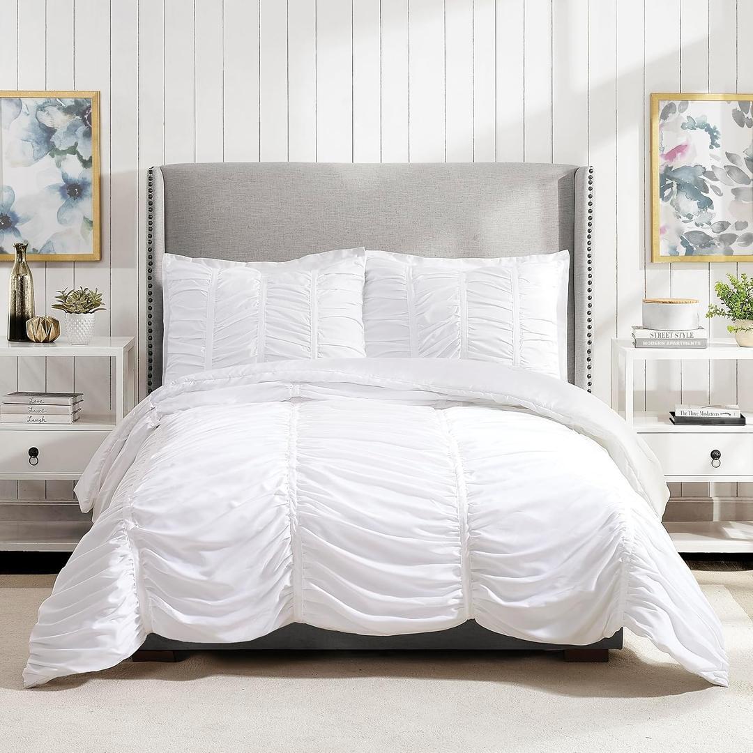 Modern Heirloom Emily Texture (White) 2-Piece Comforter Set, Ruched All Seasons Bedding, Machine Washable - Twin/Twin XL Size