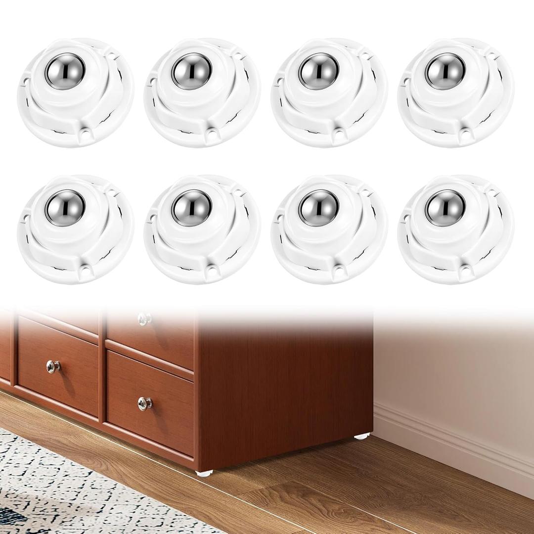 8 Pack Self Adhesive Caster Wheels, 1 Inch Low Profile Stainless Steel Mini Swivel Wheels, 66 lbs Heavy Duty Appliance Rollers for Furniture, Storage Bins, Kitchen Appliances, White