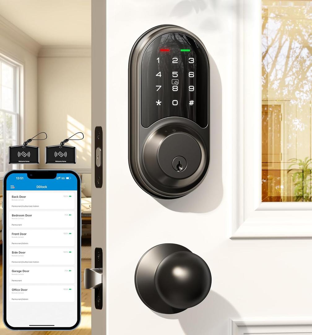 Veise RZ06C Smart Locks for Front Door, 2 Knob Handle Set, Keyless Entry Deadbolt, App Control, Electronic Touchscreen Digital Keypad, Auto Lock, Easy Installation, IP54 Waterproof, Matte Black