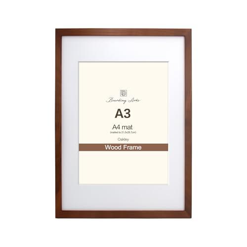 Boarding A3 Solid Wood Picture Frame with Mat 21.0x29.7cm A4 Photo without Mat, Natural American Walnut Wooden Frame for Wall Art Photo and Prints with Tempered Glass, 1 Pc (Walnut, A3)