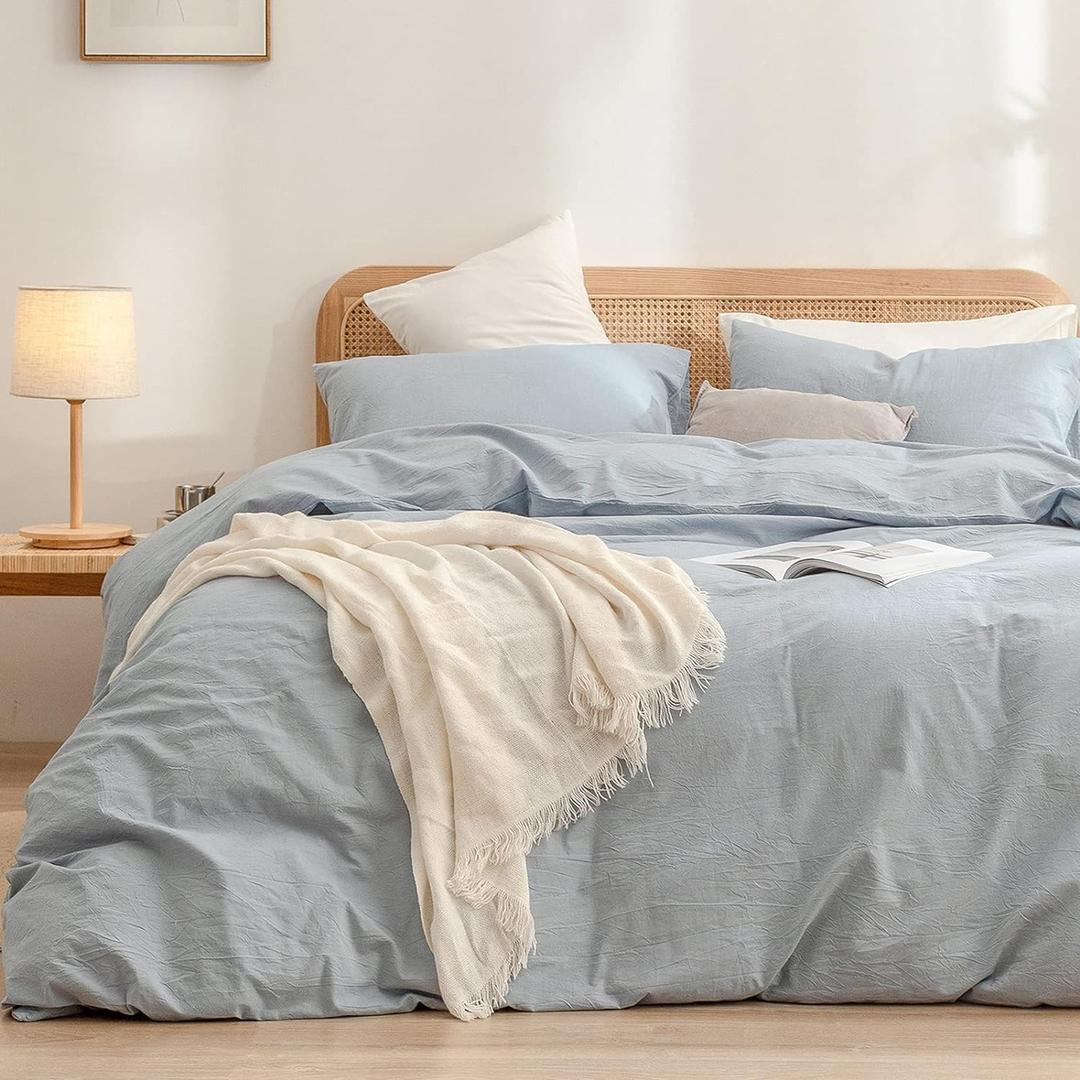 BESTOUCH Duvet Cover Set 100% Washed Cotton Linen Feel Super Soft Comfortable Chic Lightweight 3 PCs Home Bedding Set Solid Cornflower Blue Cal King (California King (104" x 98"), Cornflower Blue (No Comforter))