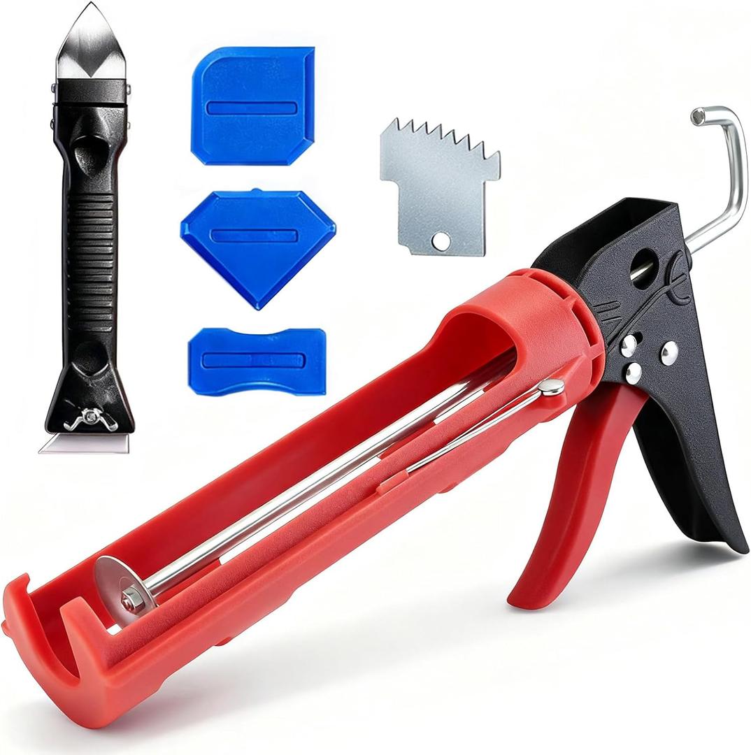 Caulk Gun Kit, Caulking Gun No Drip with 3 Silicone Caulking Tool and 3 in 1 Caulk Remover Tool, 15:1 Thrust Ratio, Professional Hand Caulking Gun Tool for the Seams of Bathroom and Kitchen Sinks (Red)