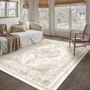 PureCozy Area Rug 5x7 Cream Washable Living Room Beige Carpet Non Slip Vintage Medallion Low Pile Soft Indoor Bedroom Retro Distressed Indoor Rug for Kitchen Home Office Laundry Dining Room