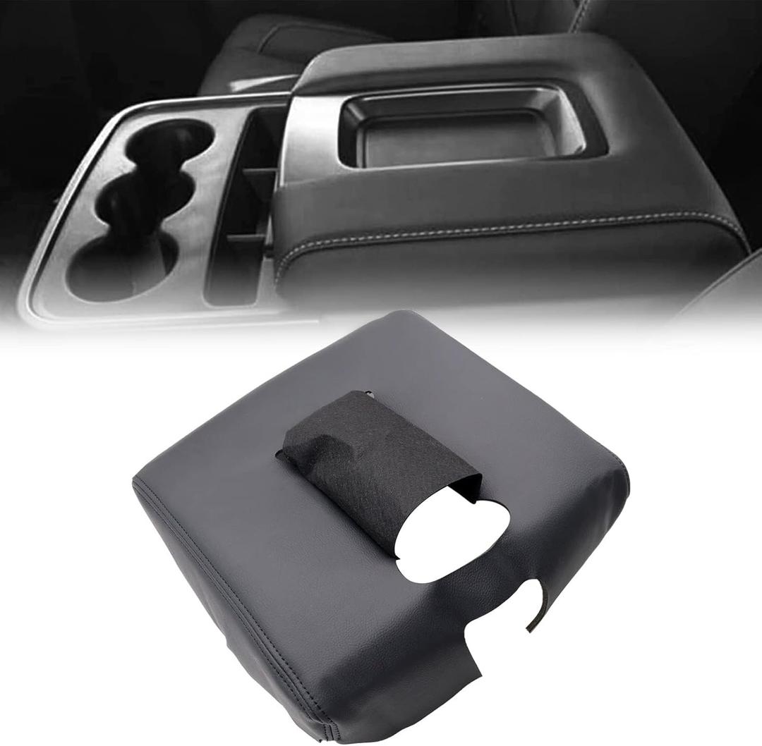 SecosAutoparts Black Leather Center Console Leather Lid Armrest Cover Replacement Compatible with Chevy Silverado GMC Sierra 2014 2015 2016 2017 2018 Black Made by Quality Automotive PVC Leather