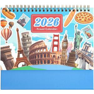 2026 Calendar-Desk Calendars January-December Double Wire Flip-Up Desk Calendars - Monthly & Weekly Planner with Sticker Set, Featuring Famous World Travel Destinations for Vacation Inspiration for Home School, or Office (Blue)