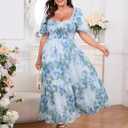 Women's Plus Size Floral Maxi Dress Puff Sleeves Cottagecore Corset Dresses Flowy Smocked Formal Casual Party Wear (Large, Blue)