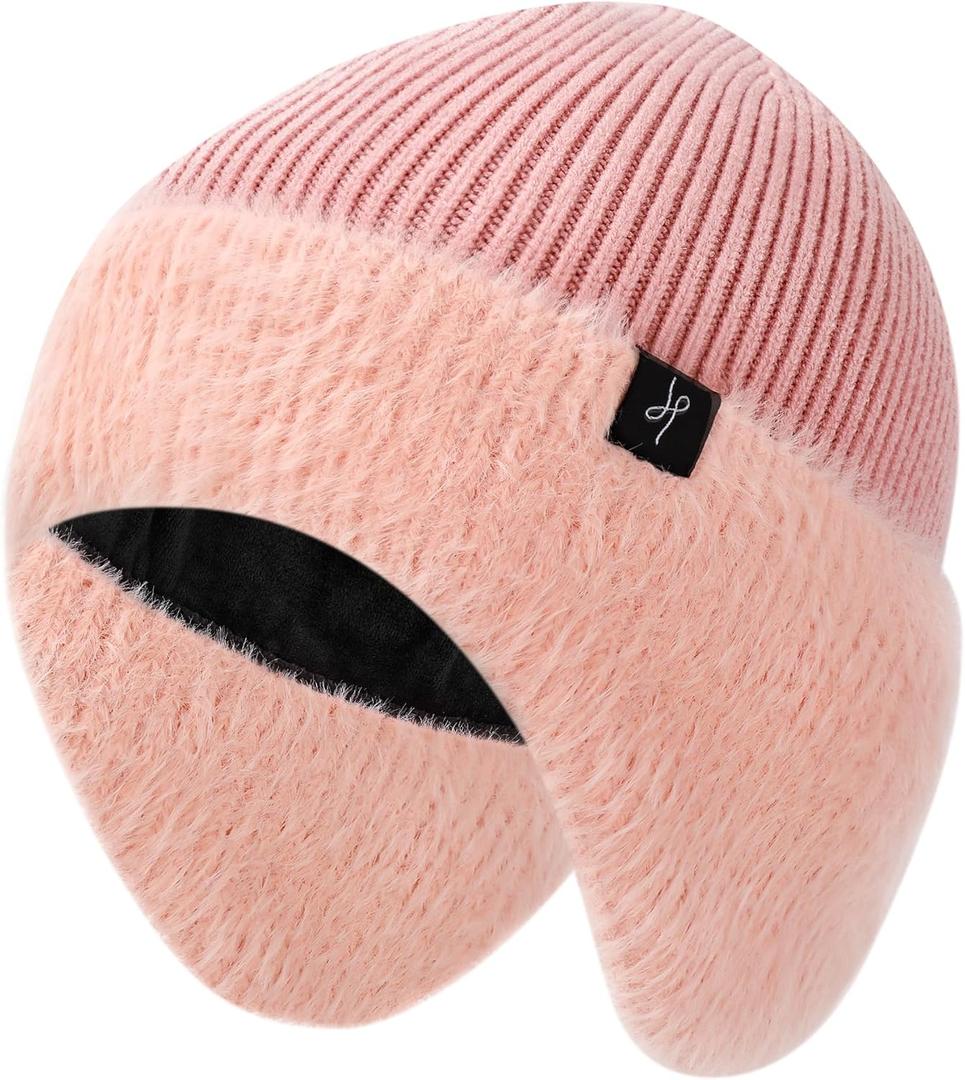 Winter Fleece-Lined Beanie with Earflaps, Warm Windproof Unisex Beanie Hat for Skiing, Hiking & Outdoor Winter Sports (Pink)