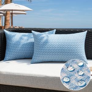 Kevin Textile Outdoor Waterproof Throw Pillow Covers Pack of 2 Boho Farmhouse Decorative Lumbar Cushion Covers for Garden Patio Tent Balcony Bench Couch Sofa 14x24 Inch, Light Blue