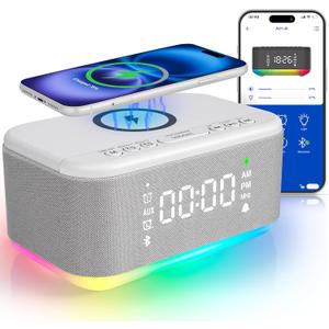 Bluetooth Alarm Clock Radio Bedroom, Digital Dual Alarm Clock Bedroom, Up to 10 Alarms Clock Night Light Speaker App/Button Control FM Charge Snooze Adjustable Brightness Dim 12/24H, Grey
