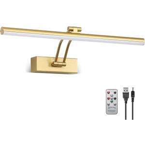 Wireless Picture Light,5200mAh Battery Operated Picture Lights with Remote,Gold Picture Light, Full Metal Painting Light for Wall Display, Gallery,Portrait,Bedroom (Gold) (Gold-Curved Arm)