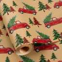 Merture Brown Vintage Christmas Wrapping Paper Rolls with Car & Christmas Tree, Kraft Gift Wrap Paper for Birthday Baby Shower Winter Festival Party - Mini Roll - 17 In X 32.8 Ft (46.5 sqft)