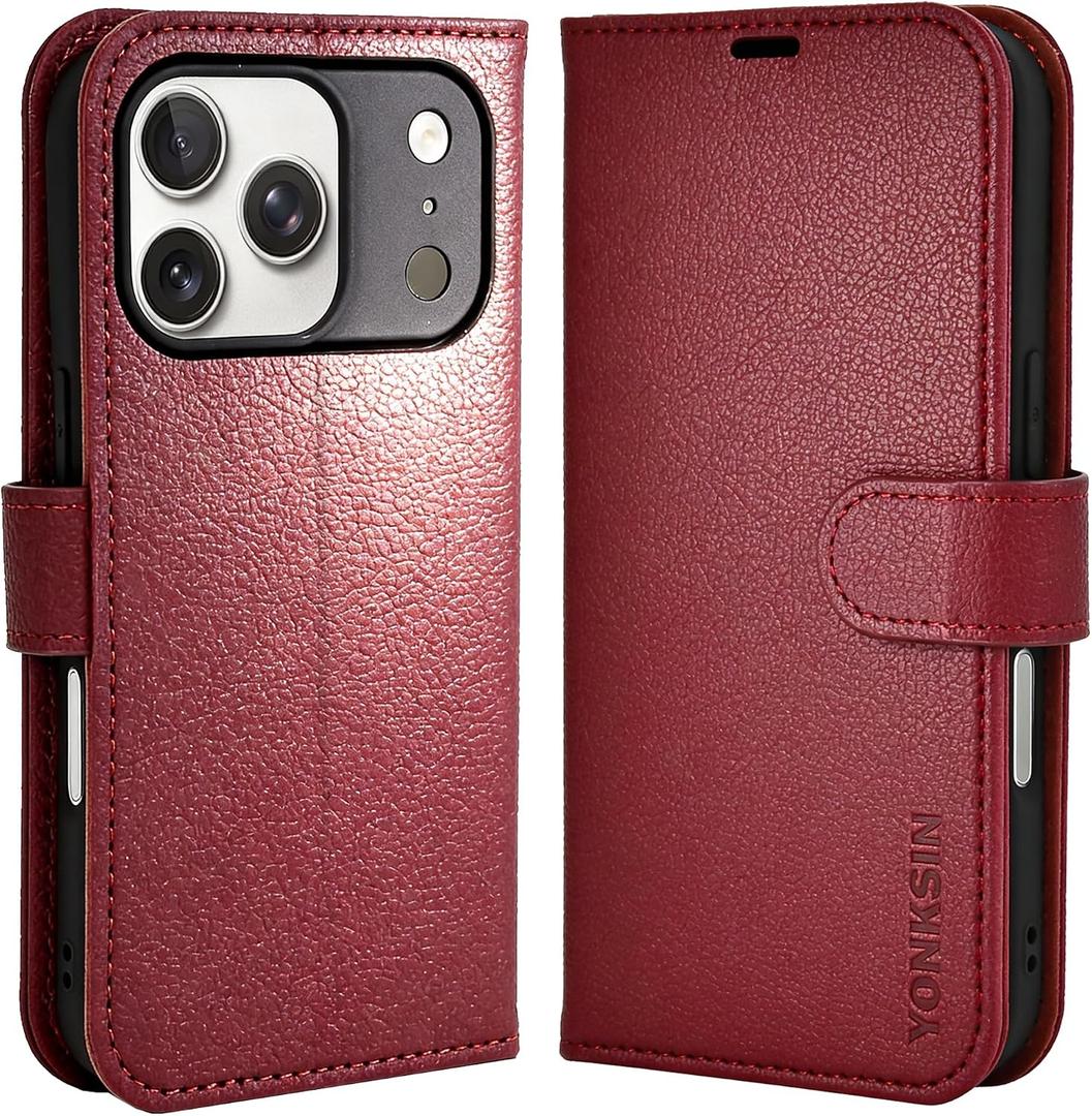 for iPhone 17 Pro Wallet Case, Flip Folio Phone Cover with Card Holder, RFID Blocking, Shockproof Protective Case with Kickstand, Magnetic Closure, PU Leather & TPU, Red