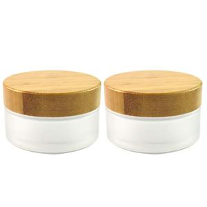 2 Pack 100g/3.4oz Cosmetic Containers Frosted Glass Jar Empty Sample Jars with Bamboo Lids for Cream Lotion Lip Balm Makeup