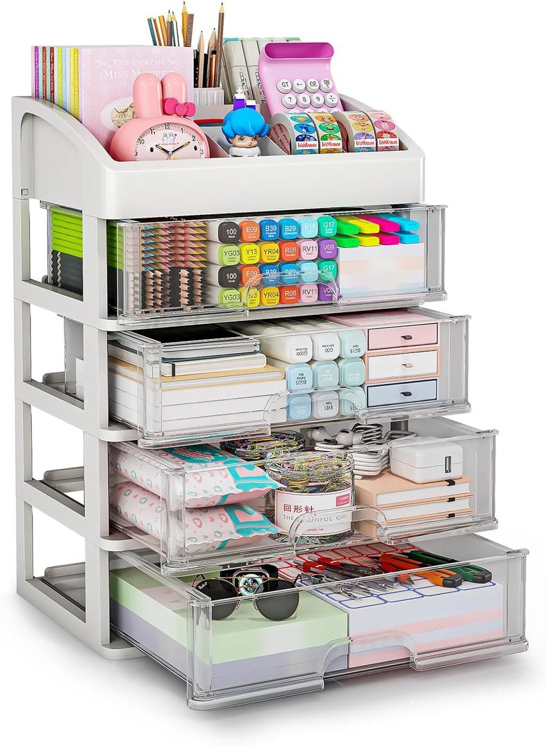 Desk Organizer with 4 Drawer Storage, Desktop Drawers Organizer for Office/School Supplies, Plastic Stationary Makeup Organizer, Desk Storage Box Organizer for Office, School, Bathroom 5 Layers with 4 Drawers