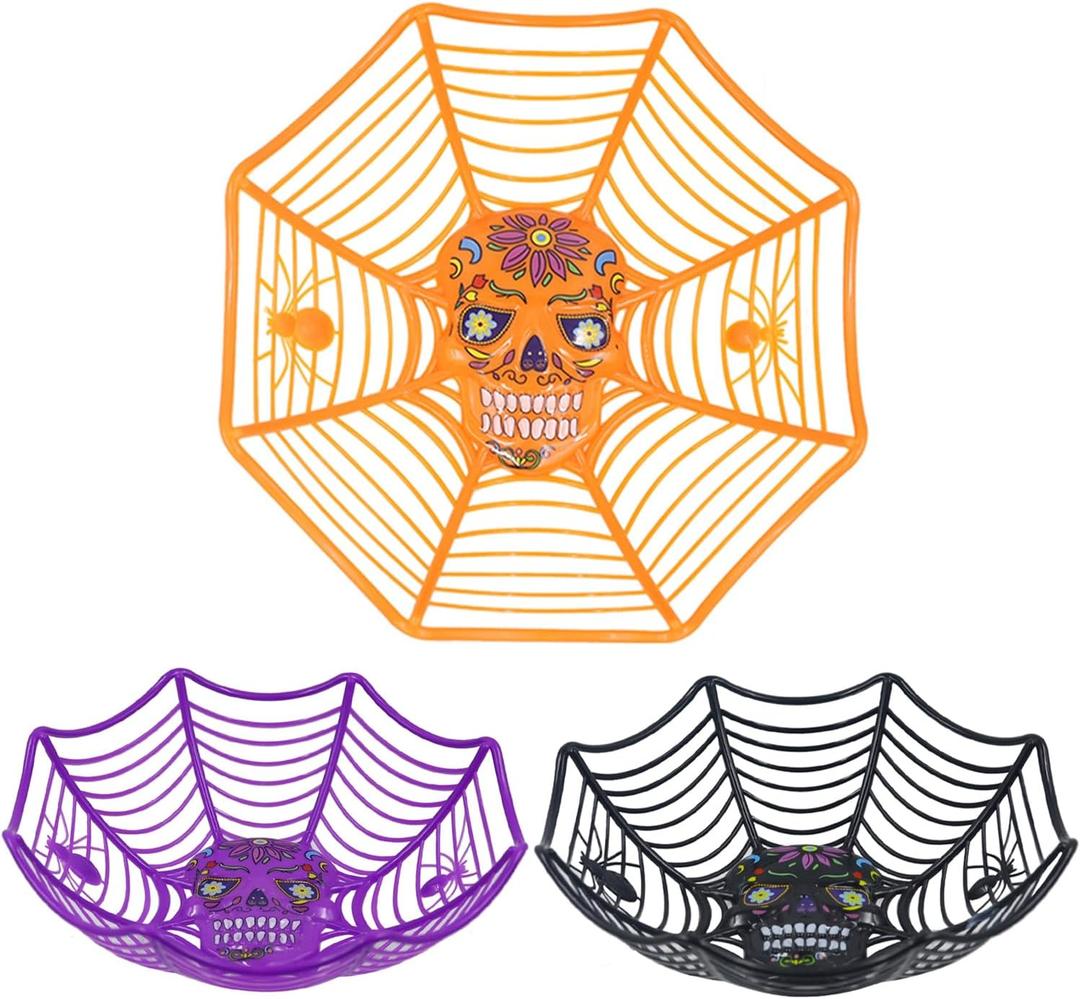Triumpeek Halloween Party Supplies - Set of 3 Plastic Trick or Treat Bowls with Spider Web Design for Day of The Dead in Orange, Purple and Black