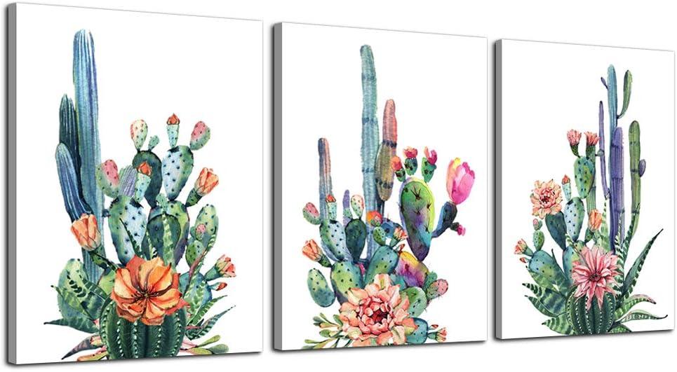Wall Art for living room Canvas Prints Artwork bathroom Wall Decor Simple Life Green plants cactus Picture Watercolor painting 3 Pieces Framed bedroom wall decorations Office Works Home Decoration (12 x 16 in (3 Piece))