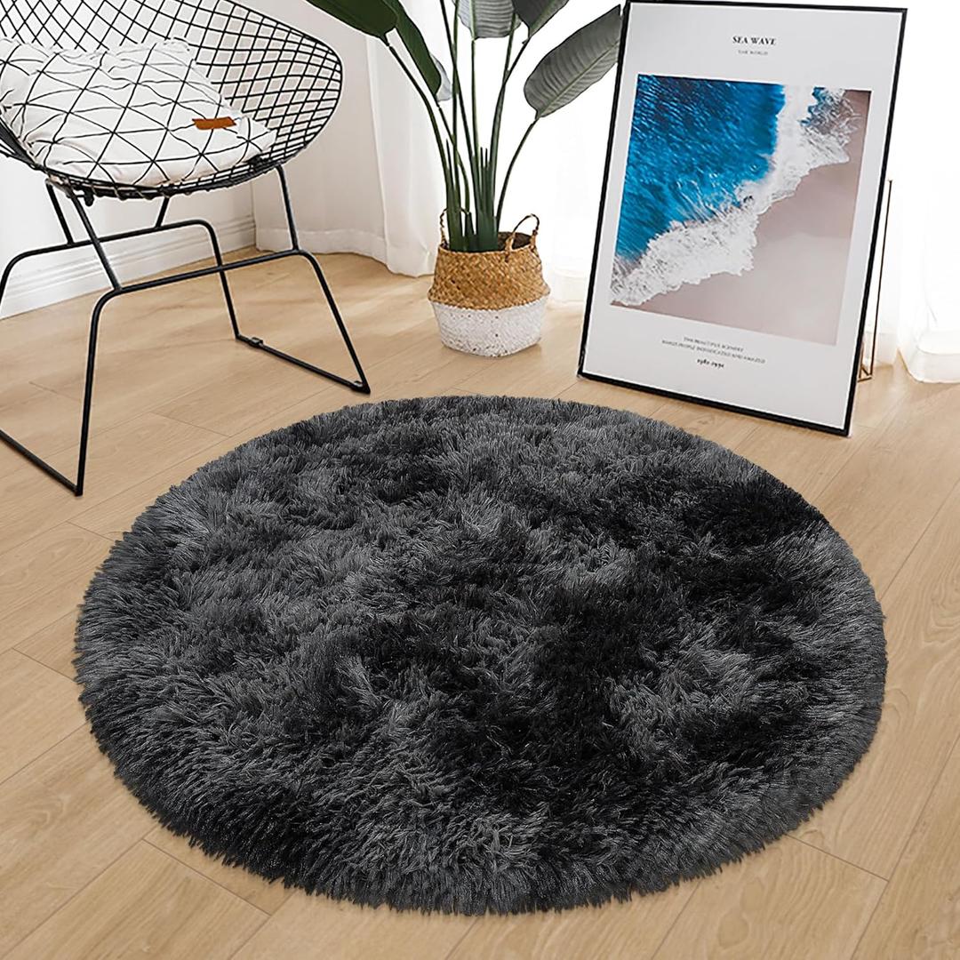 Black Round Rug 3ft Circle Rug Fluffy for Bedroom,Tie Dyed Soft Shaggy Plush Round Carpet for Kids Girls Boys Room Baby Nursery Living Room Playroom Home Dcor Washable (2'11" (Round))