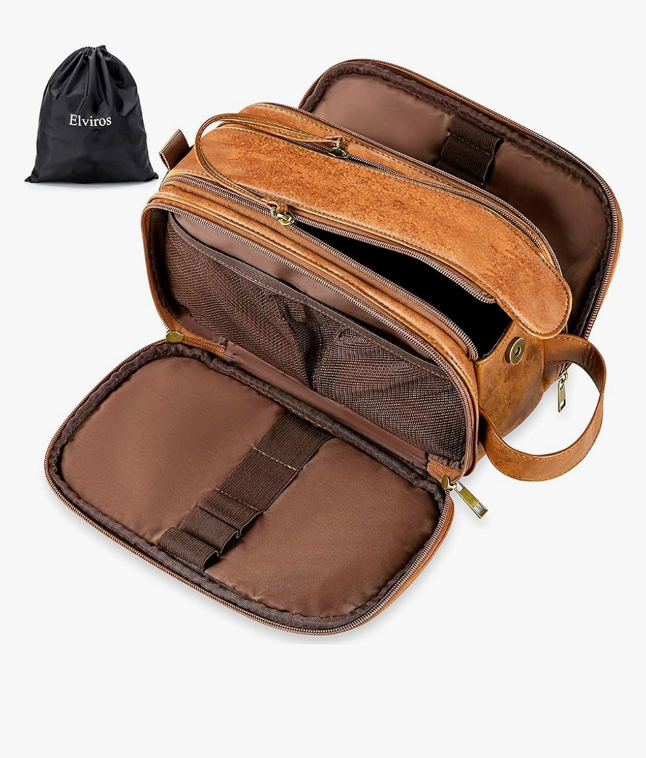 Elviros Toiletry Bag for Men, Large Travel Shaving Dopp Kit Water-resistant Bathroom Toiletries Organizer PU Leather Cosmetic Bags