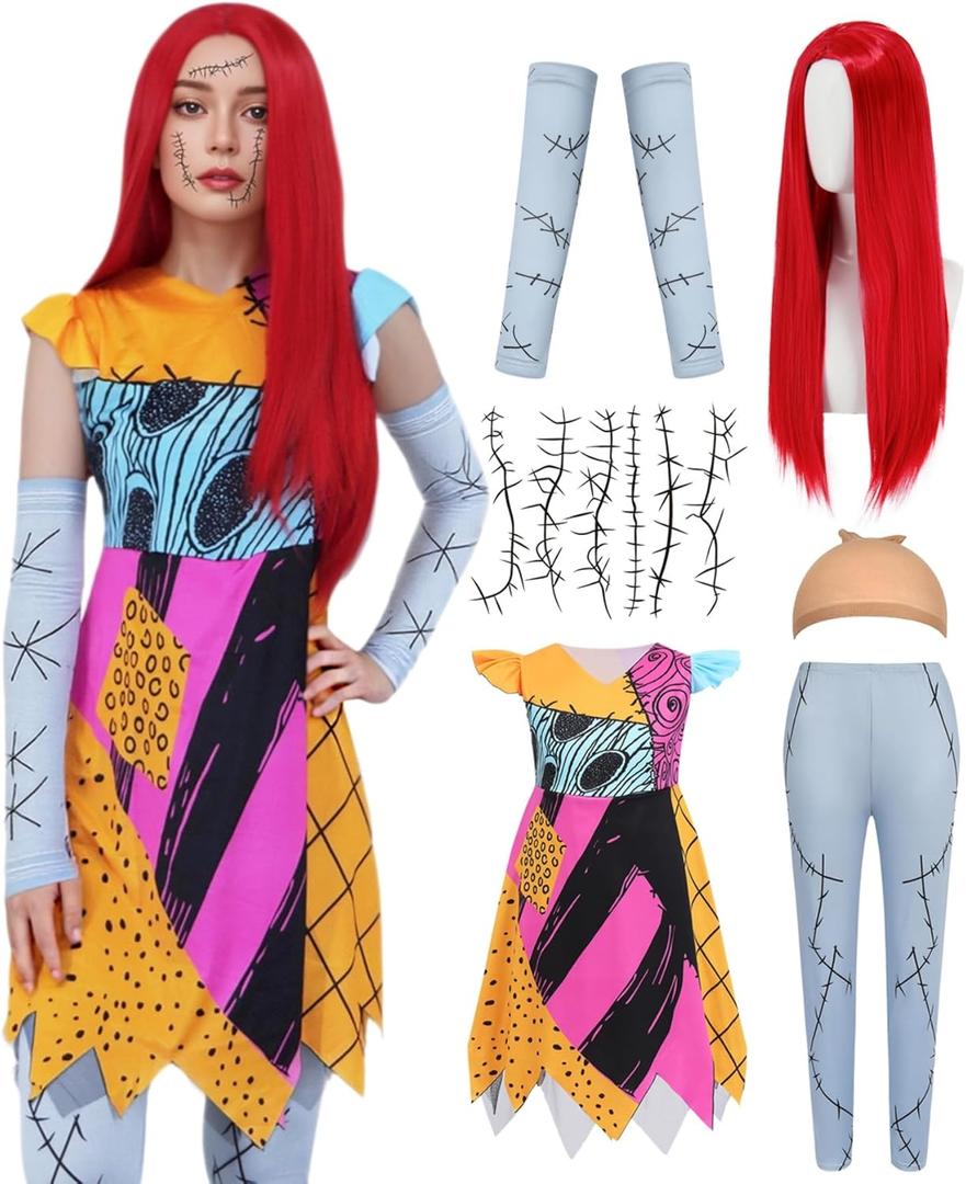 Sally Costume Women Adult Christmas Nightmare Cosplay Outfit Female Halloween Costumes Doll Princess Dress Up Set (Large, Multicolor)