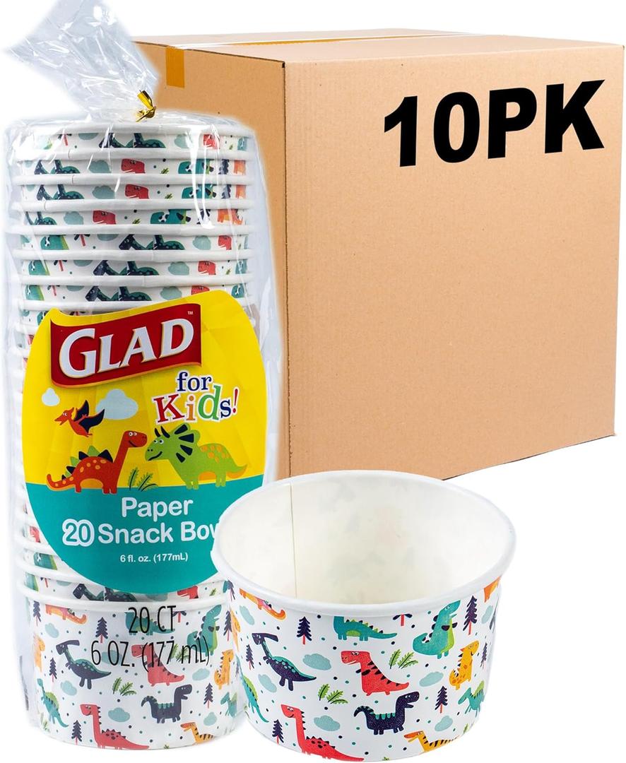 Glad for Kids Dinosaur Paper MINI Snack Bowls, Lids Not Included - Disposable Paper Cups with Dino Design for Kids, Heavy Duty Small Size, 6 Ounces, 20 Count - Pack of 10 