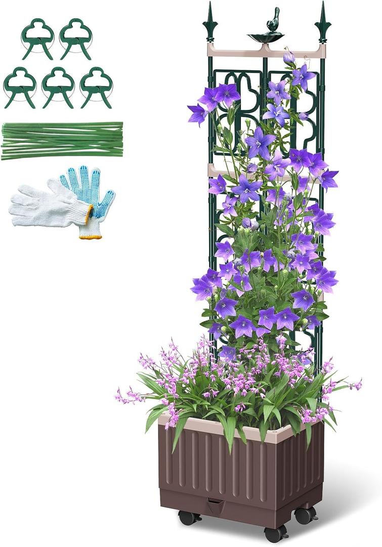 Raised Garden Bed Planter Boxes with Trellis,61.4" Self-Watering Trellis with Planter Box for Climbing Plants Flowers Vegetables with Wheels,Use for Indoor Outdoor