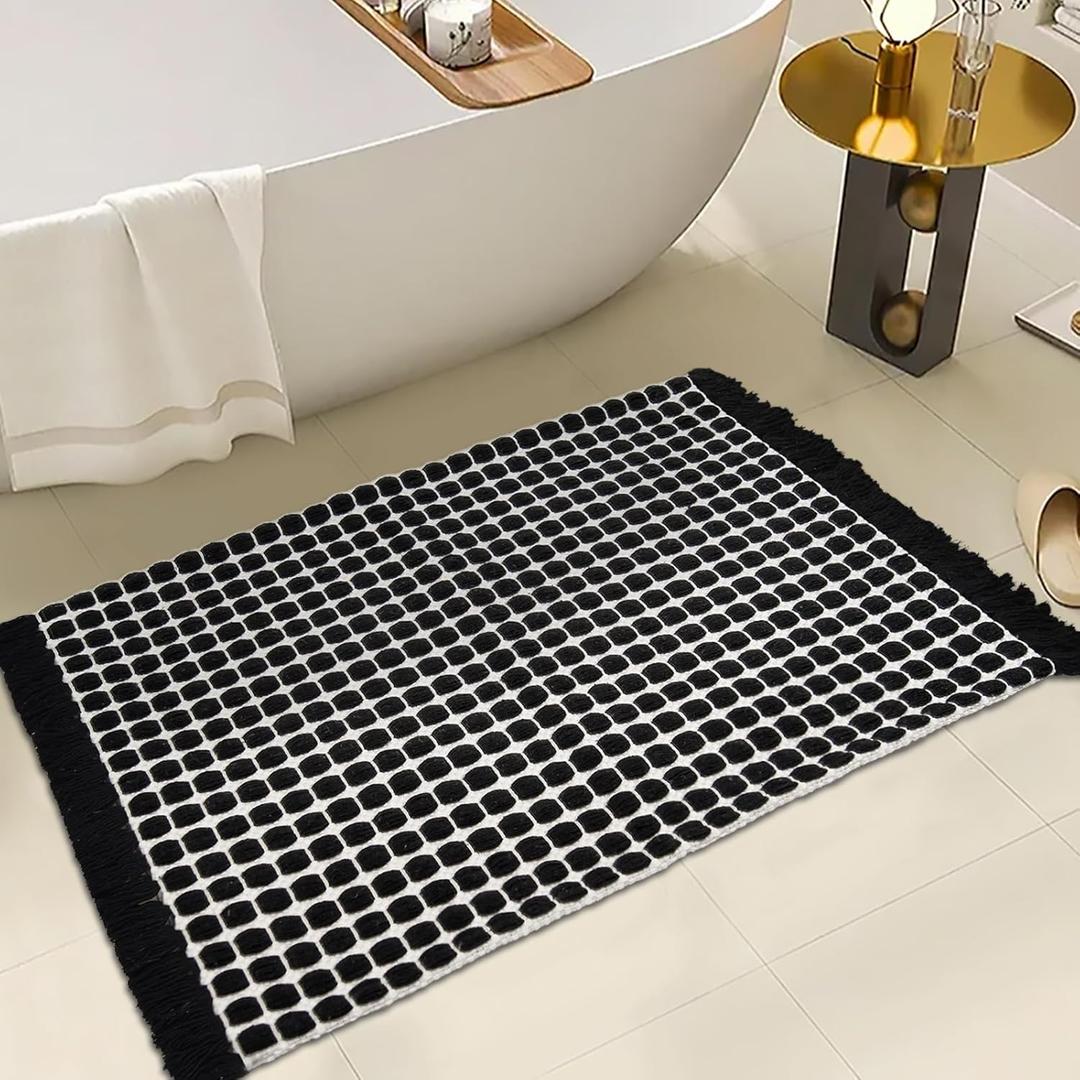 ZALL Black and White Braided Bath Mat Tassel Weav Super Absorbent Non Slip Bathroom Rug 20x32 inch Machine Washable Ultra Soft Floor Mats