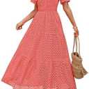 ZESICA Women's 2025 Summer Short Sleeve Maxi Dress Casual V Neck Hollow Out Eyelet Ruffle Swing A Line Long Dresses, Size XL