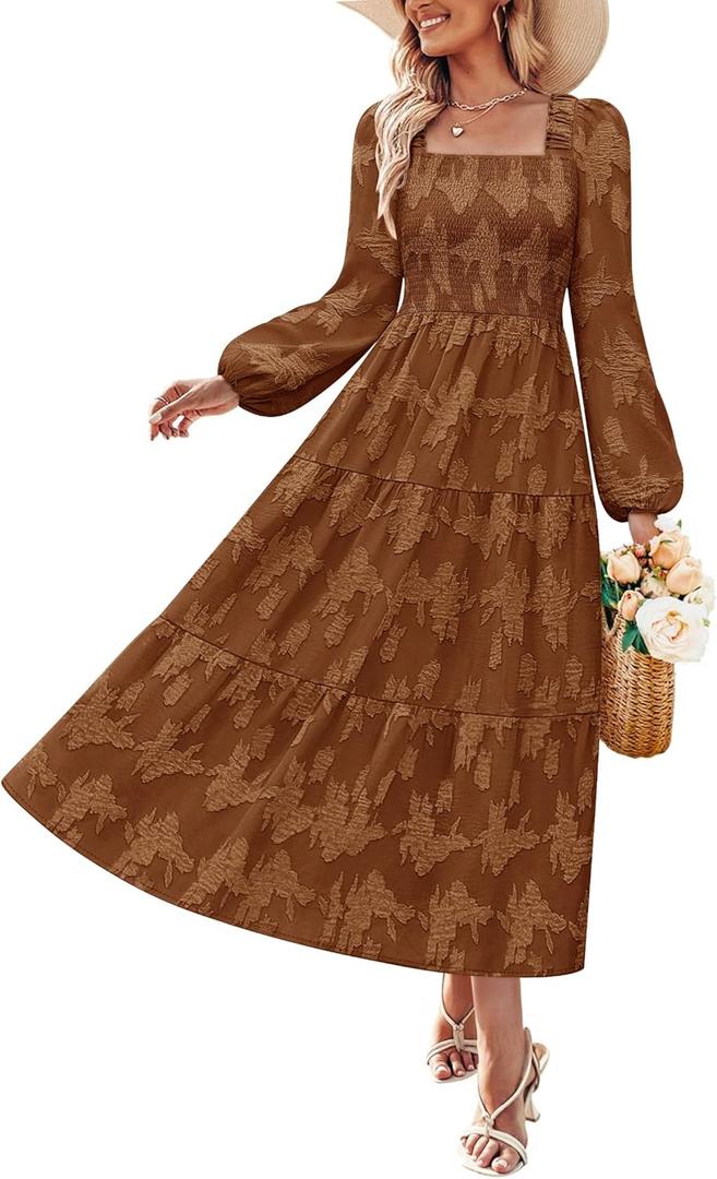 ZESICA Women's 2026 Spring Floral Midi Dress Long Sleeve Smocked Flowy Long Wedding Guest Vacation Dresses (Medium, Brown)
