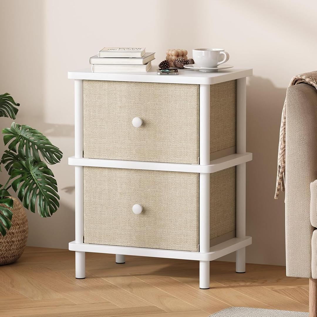 Apicizon Nightstand with 2 Storage Drawers, Boho Side Table with Solid Wood Legs, End Table for Small Spaces, Bedroom, Living Room, Entryway, White