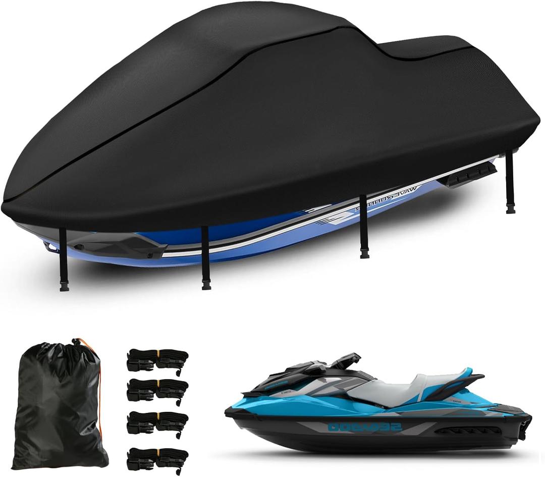 Jetski Covers 3 Seater, Upgraded Heavy Duty 420D Waterproof Motorboat Cover with 2 Air Vent Marine Grade UV Resistant for Seadoo,Yamaha,Kawasaki,Waverunner Polaris from 136" to 145"(Black)