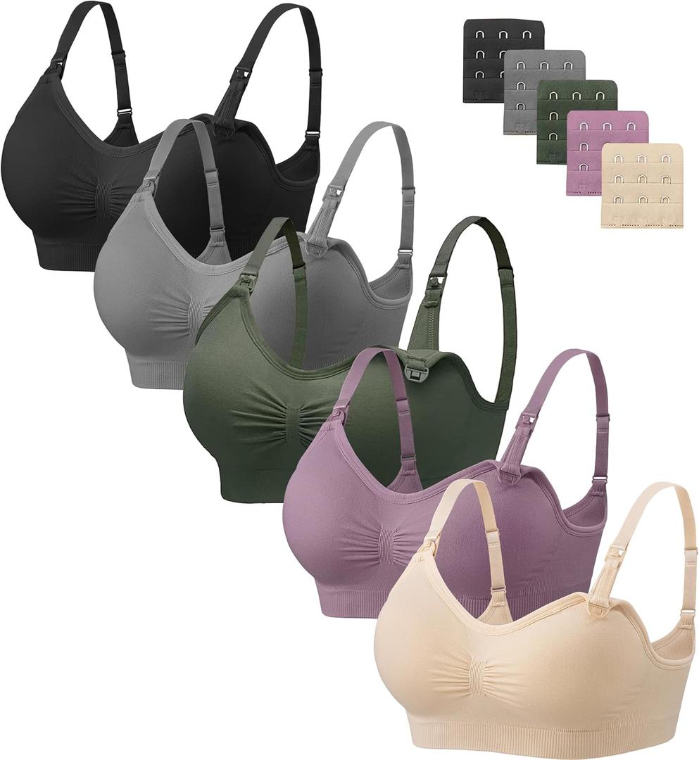 Angelhood Nursing Bra 5 Pack Womens Maternity Breastfeeding Bra Seamless Wireless Sleep Bra with Bra Extenders (Large, 5 Pack Multicoloured G)