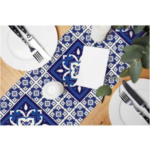 HOSNYE Table Runner Blue Portuguese Tile Pattern,Cotton Linen Table Runner Decoration for Kitchen Family Dinner Table Holiday Party Farmhouse Style 13 x 72 Inch