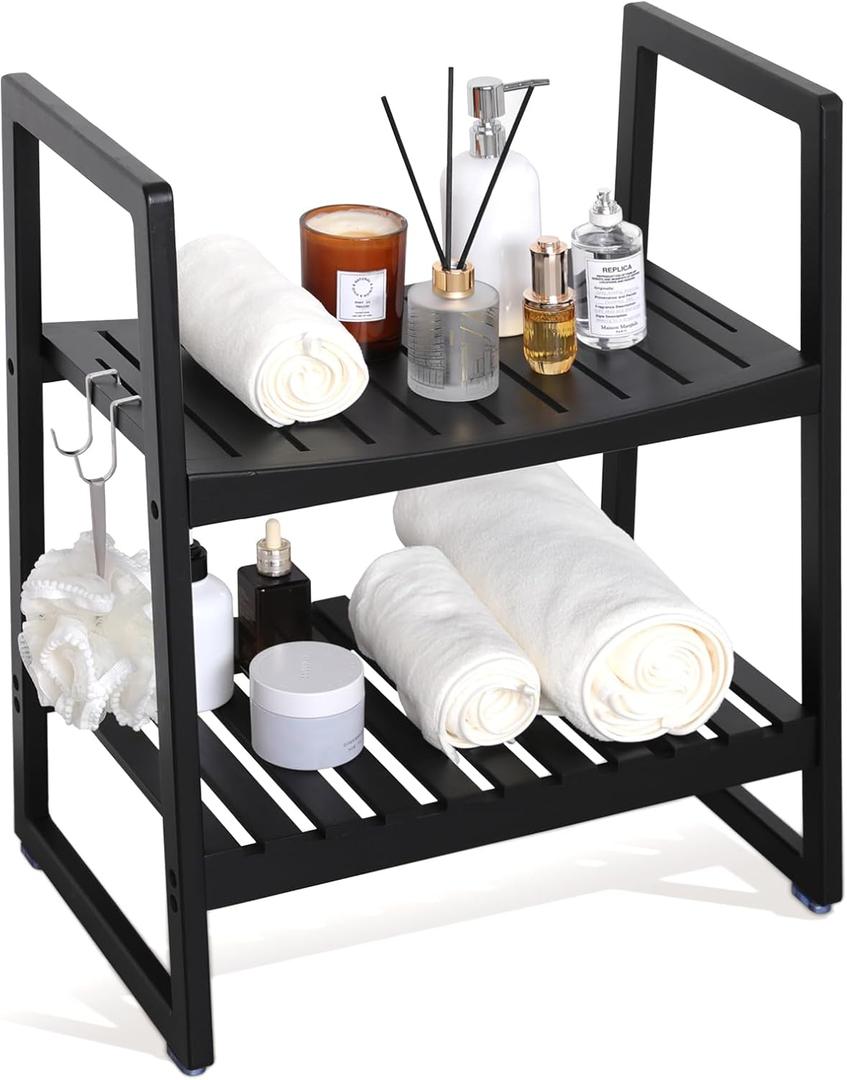 VVW 21.6 Inch Bamboo Shower Bench Seat Chair Stool with Arms for Inside Shower, Heavy Duty Spa Bath Chair with 2 Movable Hooks, Non-Slip Feet for Bathroom Accessories (Black)